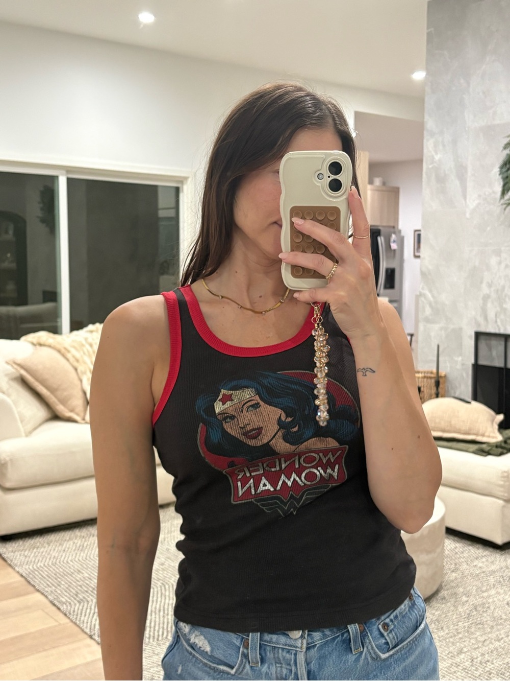 Junk Food Clothing Black Tank with Red Trim Wonder Woman Graphic